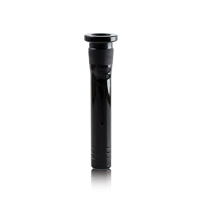 Straight-on studio shot of a black RYOT Silicone Stem With Glass Bowl - 14MM standing upright on a reflective white surface.