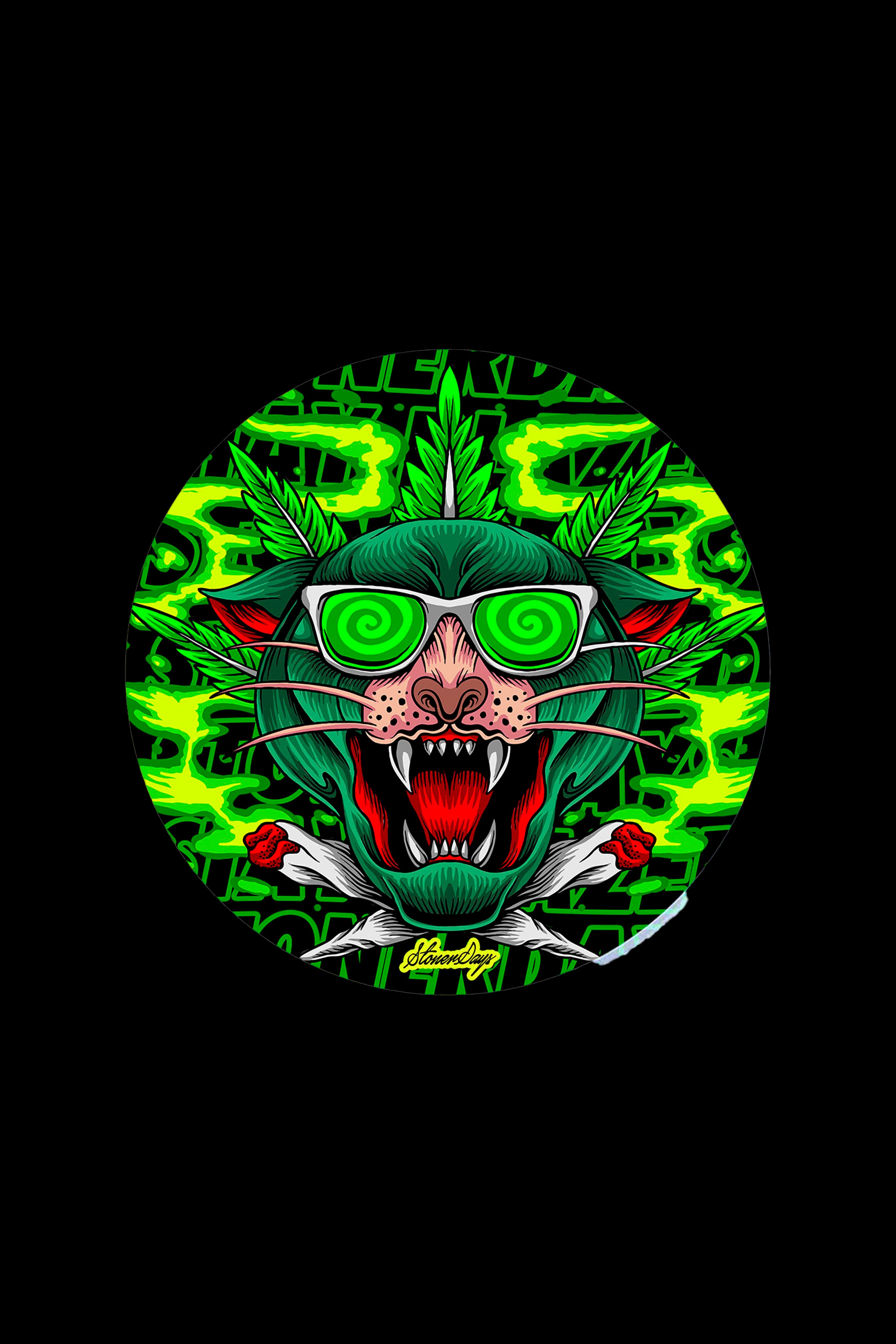 A vibrant, circular illustration of a snarling wolf wearing psychedelic sunglasses, surrounded by cannabis leaves and red roses.