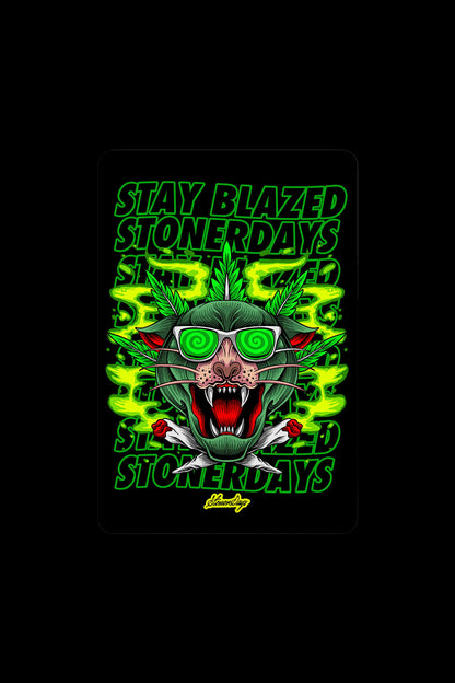 Neon green and white graphic of a wolf wearing sunglasses framed by cannabis leaves, with the text "STAY BLAZED" and "STONERDAYS" repeated throughout.