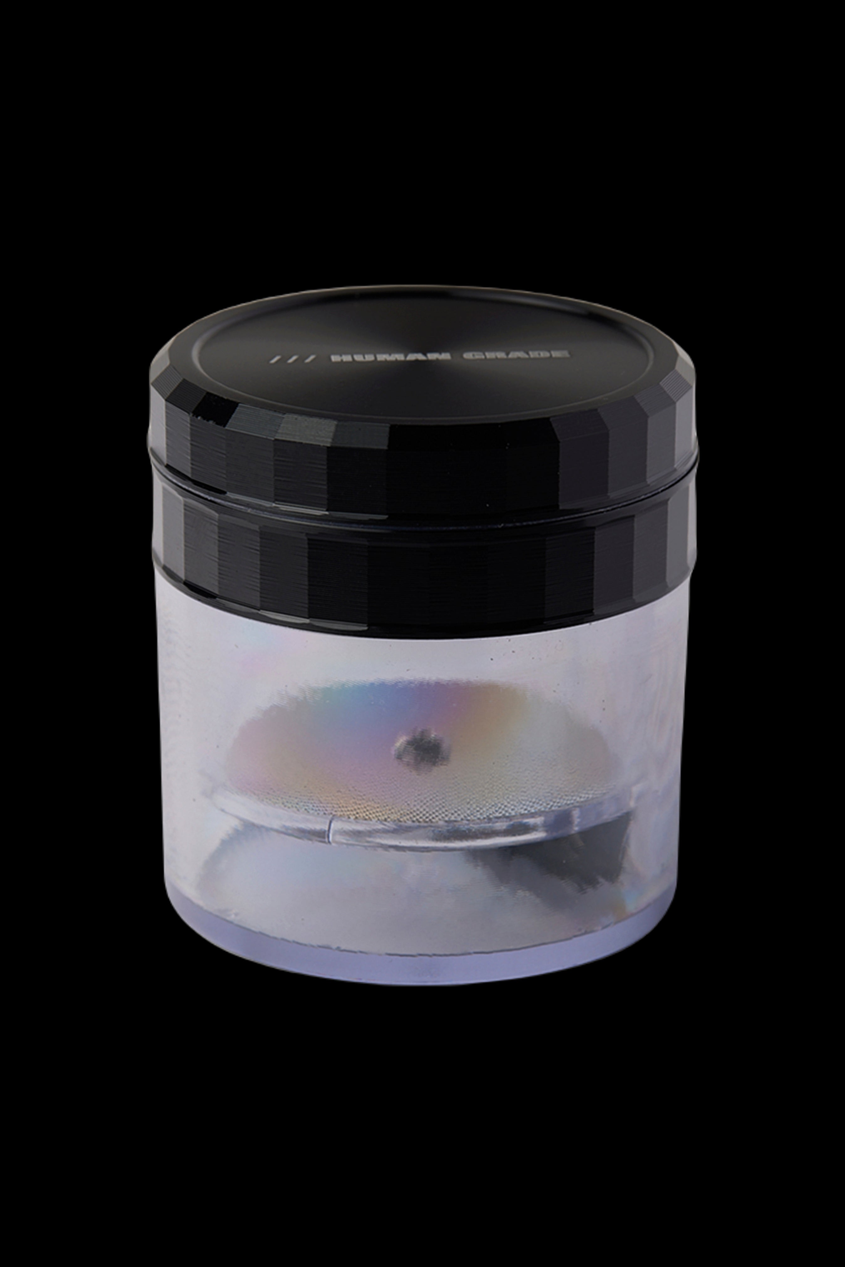 Iridescent cannabis grinder with a clear chamber showcasing ground flower.