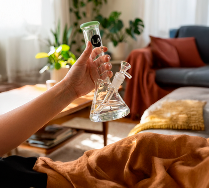 Handheld view of an LA Pipes Borosilicate Glass Straight Tube with a black logo, shot in warm natural light against a cozy living room background.