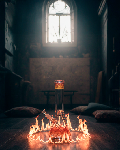 Center-placed LA Pipes "Phoenix Rising" Color Wrapped Beaker Bong in blue hues, shot from low front angle with flames encircling its base and a soft backlit window.