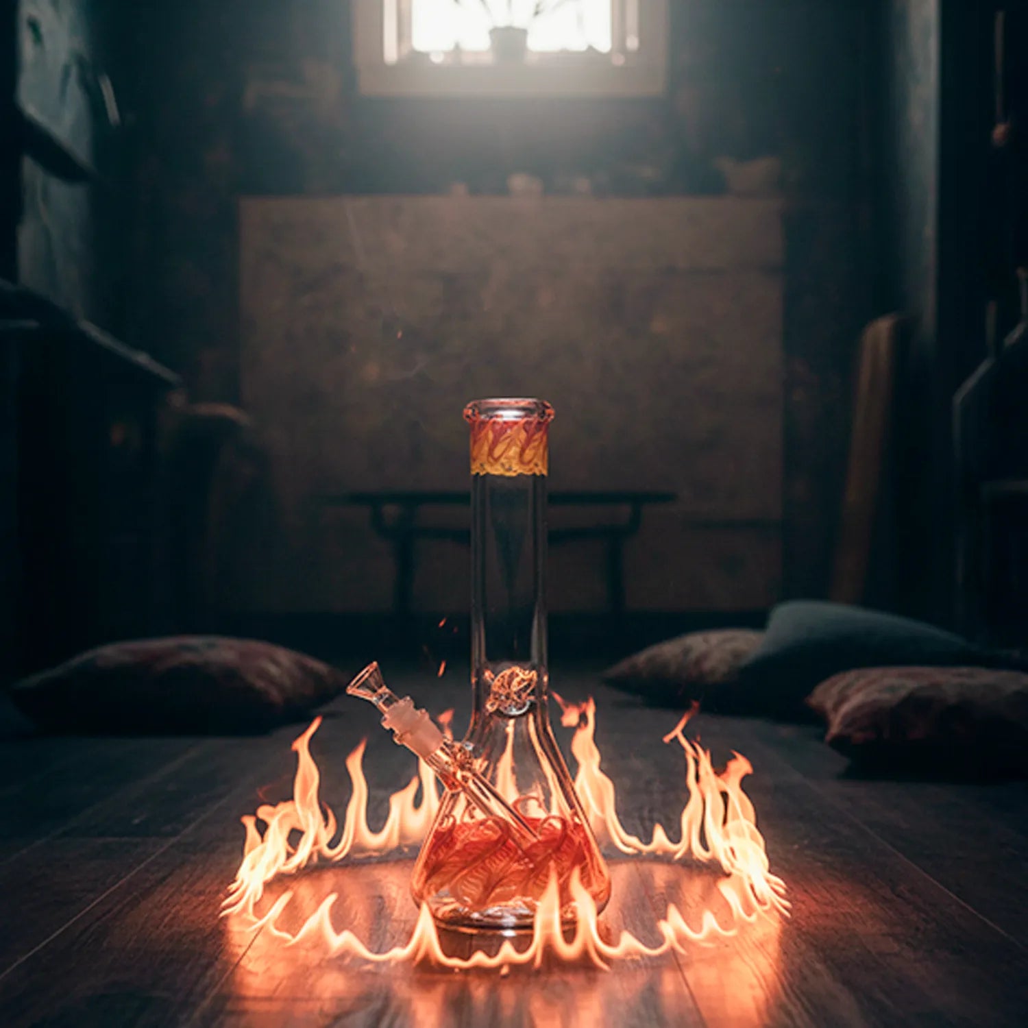 Centered low-angle shot of the LA Pipes "Phoenix Rising" Color Wrapped Beaker Bong surrounded by a ring of flames on a dark wooden floor
