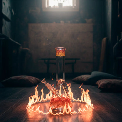 Centered low-angle shot of the LA Pipes "Phoenix Rising" Color Wrapped Beaker Bong surrounded by a ring of flames on a dark wooden floor