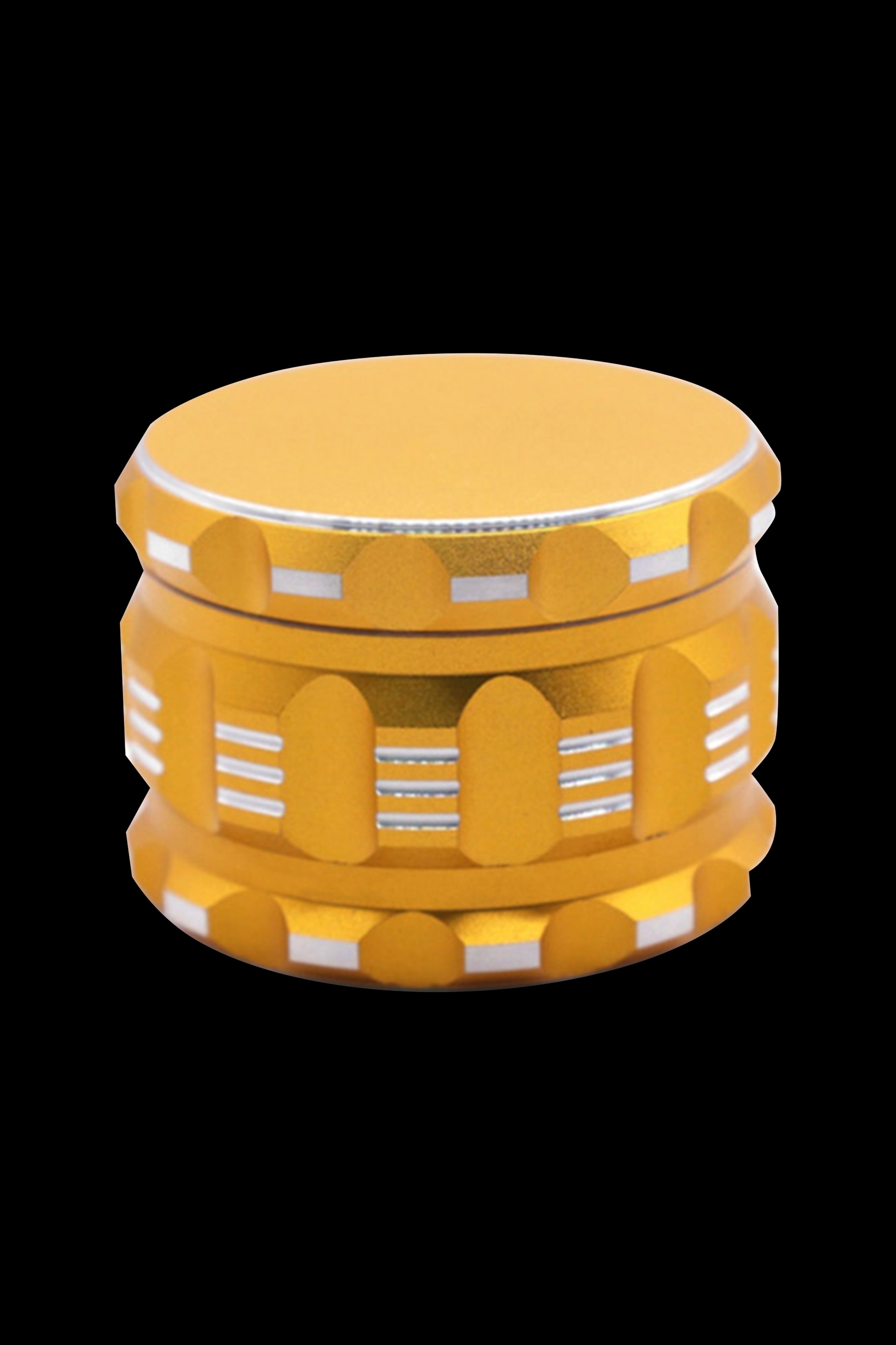 Gold cannabis grinder with white accent bands.