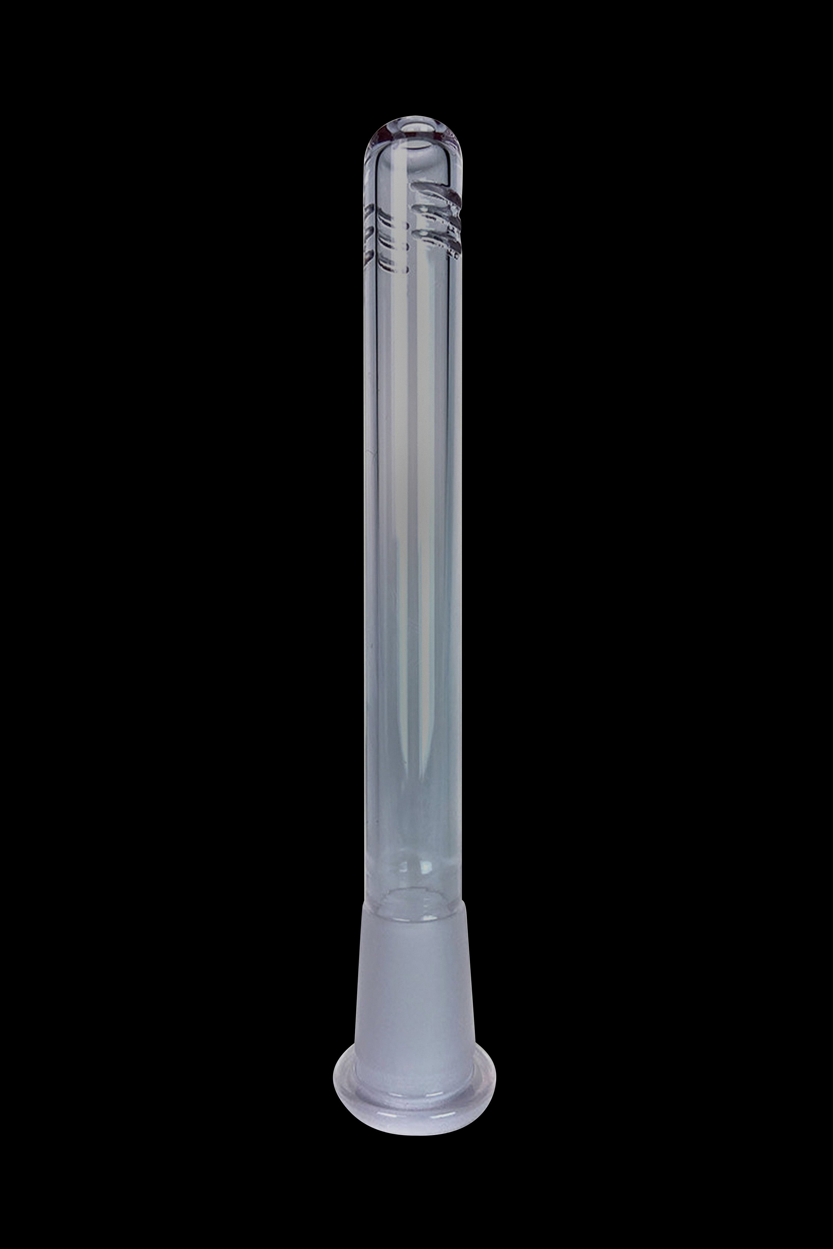Clear glass bong downstem with vertical ridges, isolated on a black background.