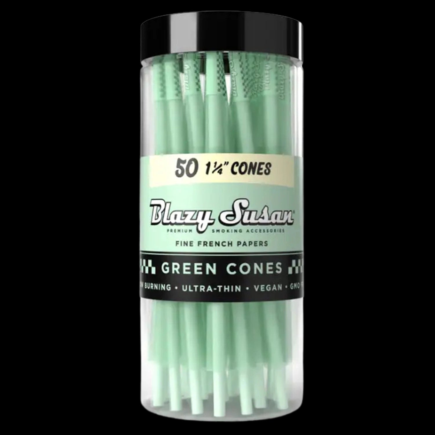 Close-up front view of a clear jar of mint-green Blazy Susan Green Cones with a black lid and visible label reading "50 1¼ CONES."