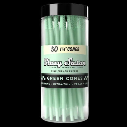Close-up front view of a clear jar of mint-green Blazy Susan Green Cones with a black lid and visible label reading "50 1¼ CONES."