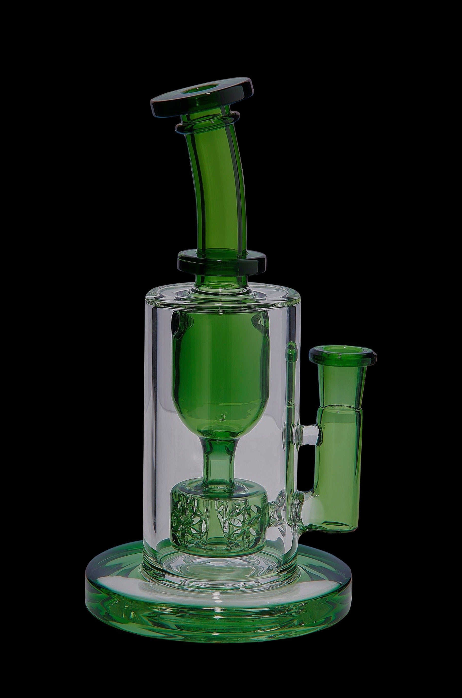 Green glass water pipe (rig) with intricate percolator design.