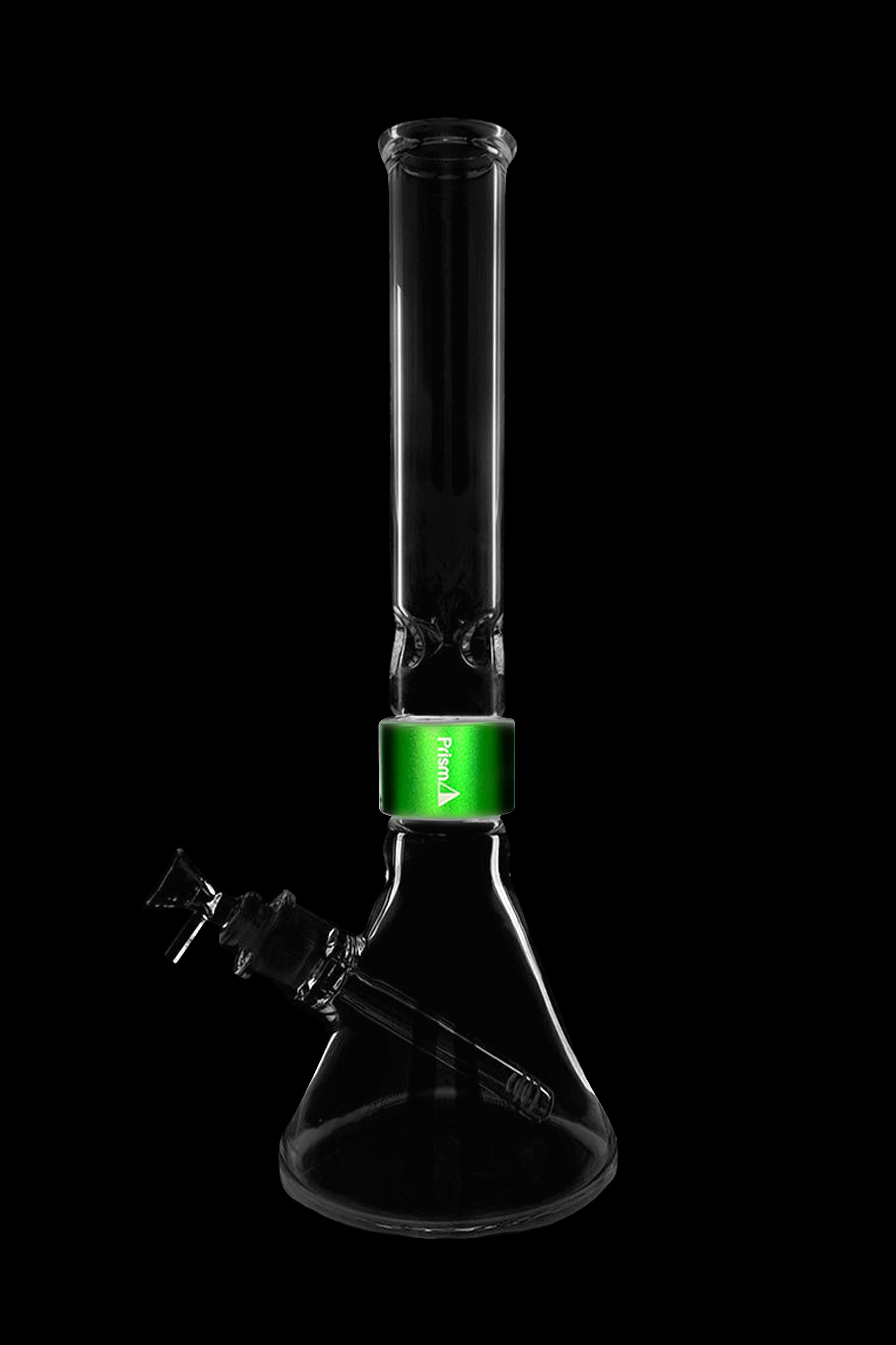 Clear glass bong with green accents, studio shot.