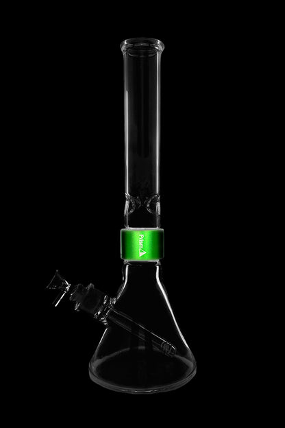 Clear glass bong with green accents, studio shot.