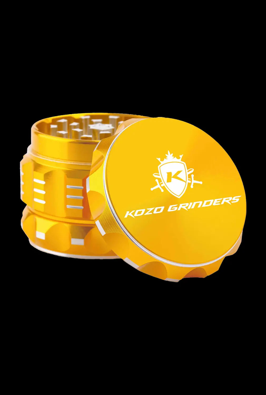 A close-up of the Kozo Grinder 2| showcasing its circular, ribbed design in a bright yellow hue against a plain white background.