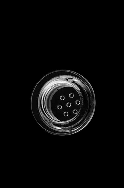 Close-up of a quartz banger with multiple air holes, used for vaporizing cannabis concentrates.