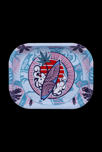 Top-down view of the Cabana Cannabis Co.Tray-Swell -Small showing a pastel surfboard and palm graphic centered on a pink and teal patterned tray.