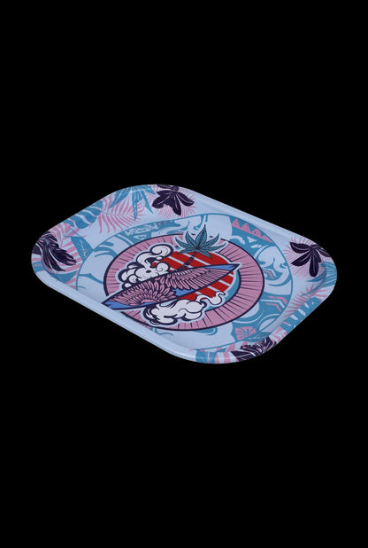 Angled top-down view of the Cabana Cannabis Co.Tray-Swell -Small showing a colorful floral and winged circular graphic on a light blue background.