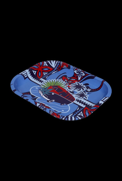 Angled top view of the Cabana Cannabis Co.Tray-Surfani -Small showing a blue tray with a red van, palm trees and bold red and white floral graphics on a black background