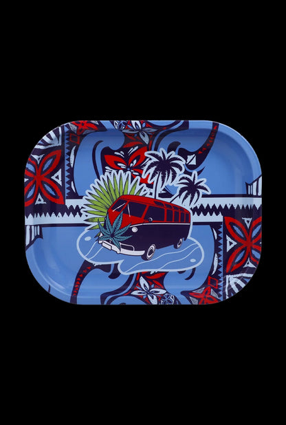 Top-down view of a blue Cabana Cannabis Co.Tray-Surfani -Small featuring a red van, palm trees and tropical graphic pattern.
