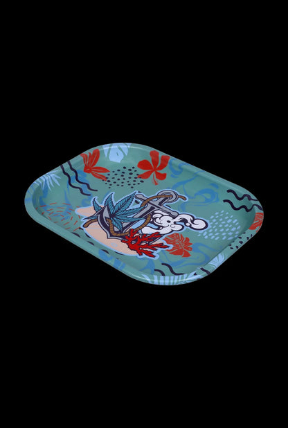 Angled overhead view of the Cabana Cannabis Co.Tray -Ahoy-Small showing a teal floral tray with nautical anchor and leaf artwork.