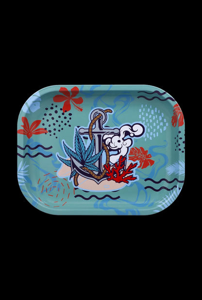 Top-down view of the Cabana Cannabis Co.Tray -Ahoy-Small showing a teal tray with a central anchor graphic, seaweed, red coral and floral accents.