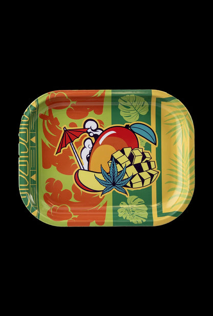Top-down view of the Cabana Cannabis Co.Tray-Parasol -Small showing a colorful tropical mango and umbrella graphic with a blue cannabis leaf on a green-yellow background