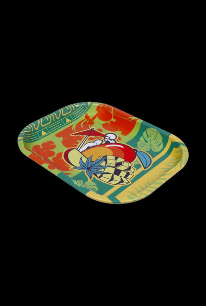 Angled view of the Cabana Cannabis Co.Tray-Parasol -Small showing a colorful tropical print with a pineapple, palm leaves and a small parasol on a green and yellow background