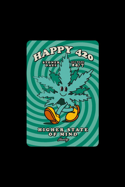 Vintage-style graphic of a cartoon cannabis leaf character with a cheerful expression, set against a swirling green and orange psychedelic background, with text reading “Happy 420,” “Stoner Daze,” “All Daze 24/7,” and “Higher State of Mind.”