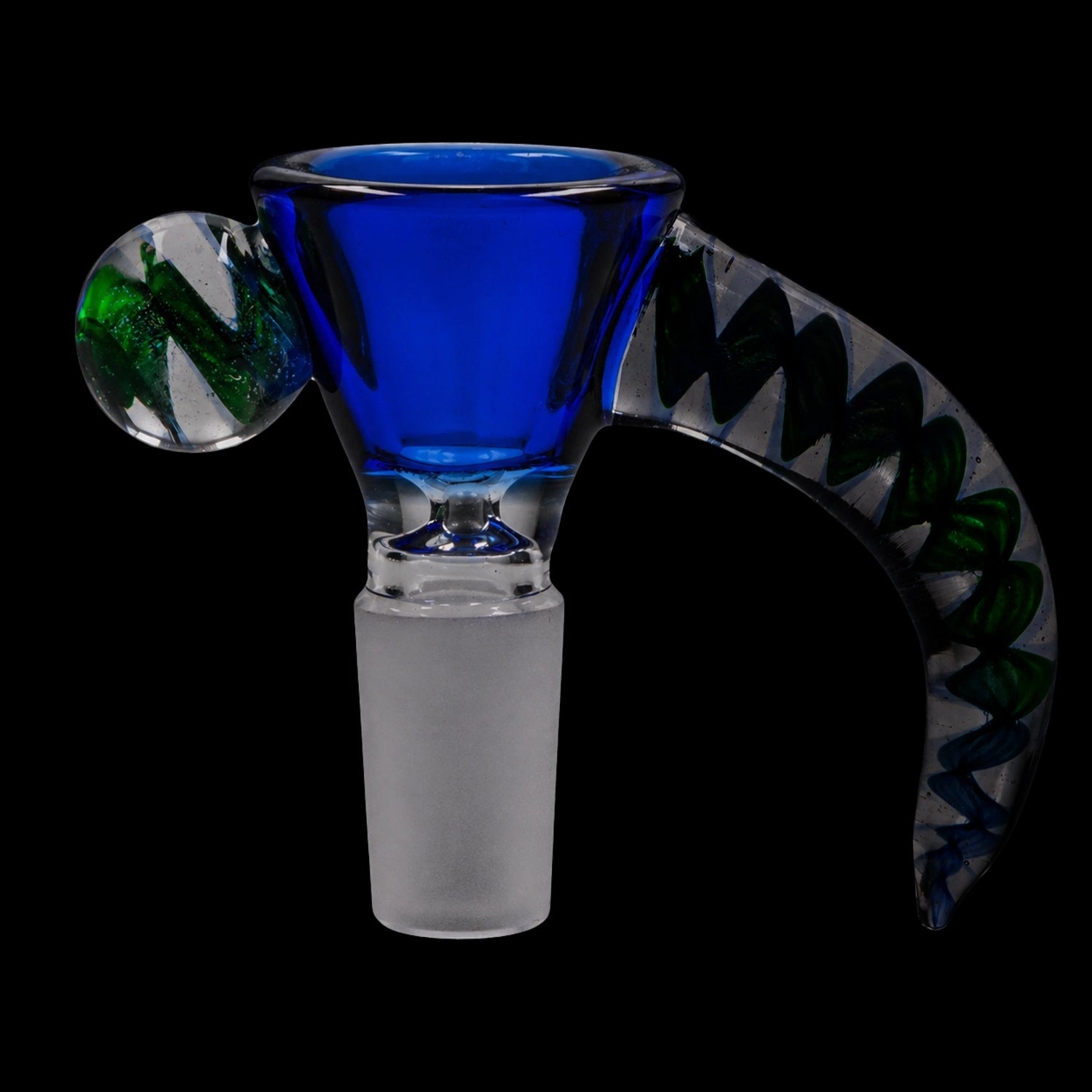 Close-up front view of the Smoke Cartel Horn Bowl - Jade Blue showing its deep blue glass cup, clear frosted stem, and curved handle with green spiral accents against a black background.