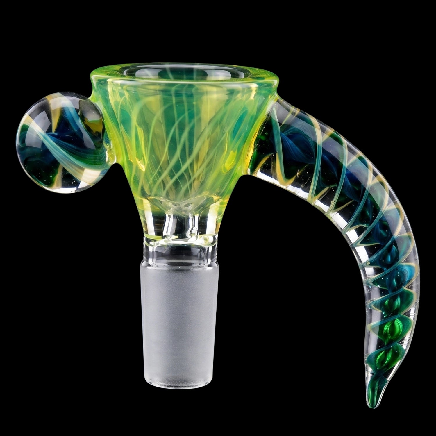 Close-up front view of the Smoke Cartel Horn Bowl - Light Green showing swirling green and yellow glass with a clear frosted joint and curved decorative handle.