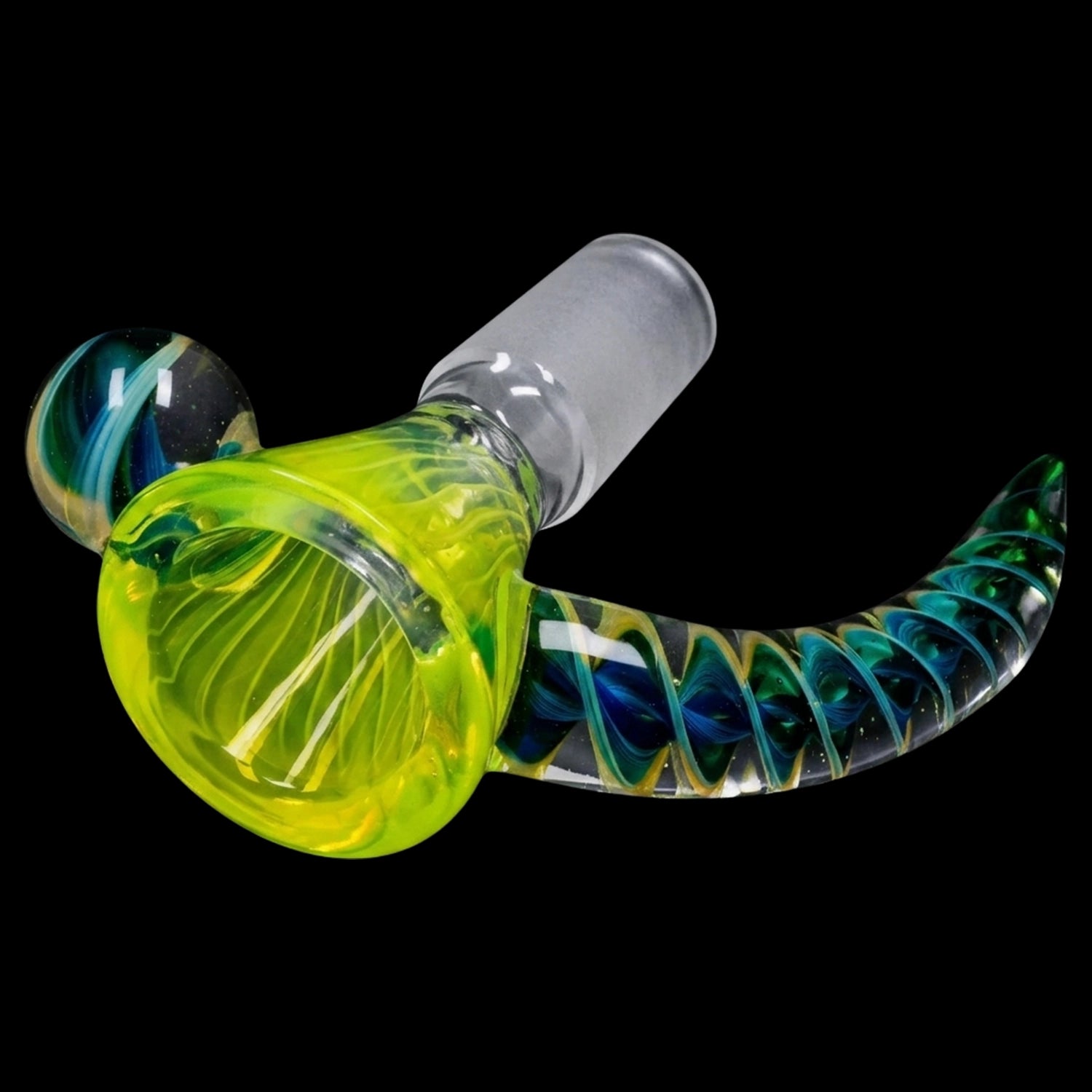 Angled close-up of the Smoke Cartel Horn Bowl - Light Green showing its translucent neon green funnel and twisted teal horn against a black background