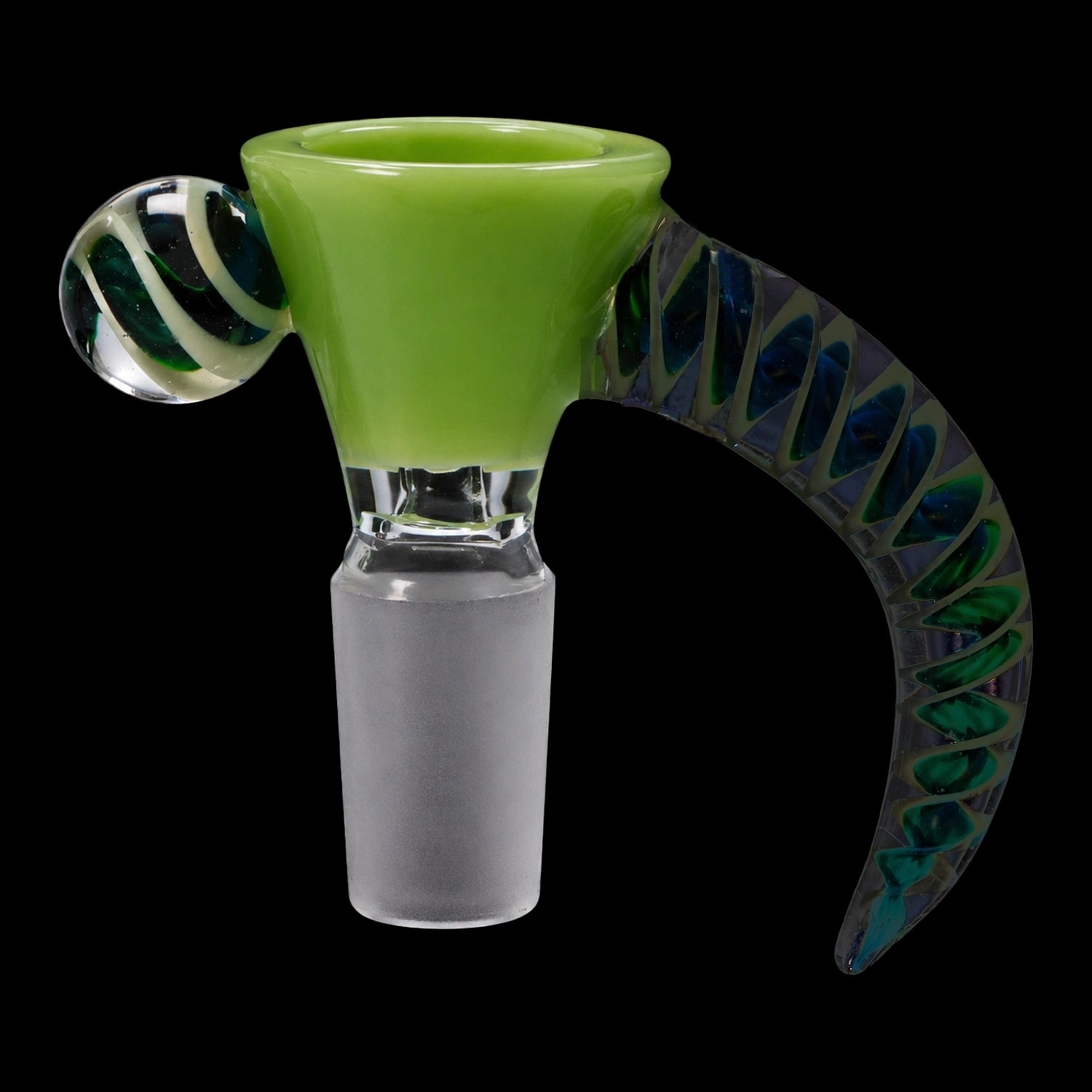 Close-up front view of the Smoke Cartel Horn Bowl - Milky Green showing a glossy milky-green bowl with a clear frosted joint and a curved decorative handle.