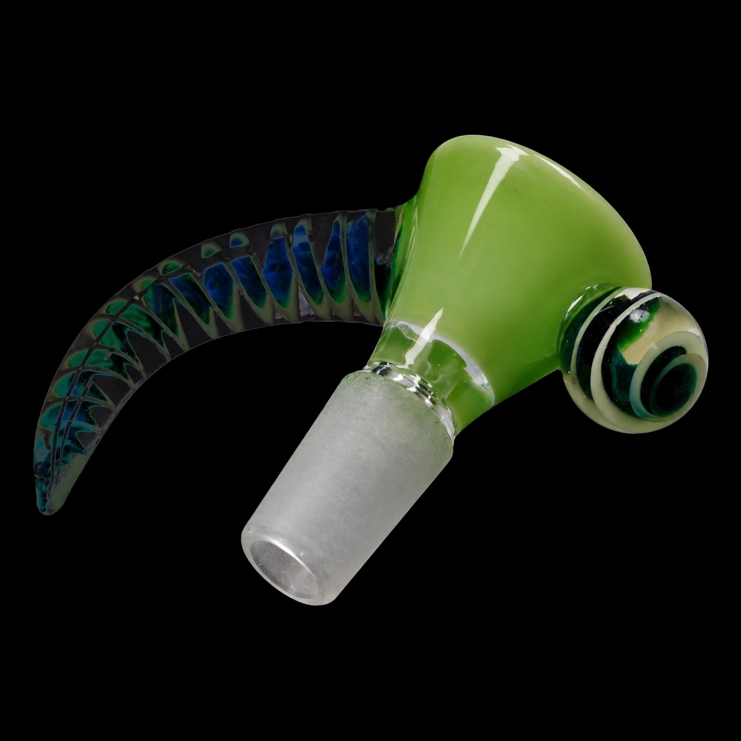 Close-up angled view of the Smoke Cartel Horn Bowl - Milky Green showing its glossy milky-green rounded bowl, striped glass carb and curved blue-green horn against a black background.