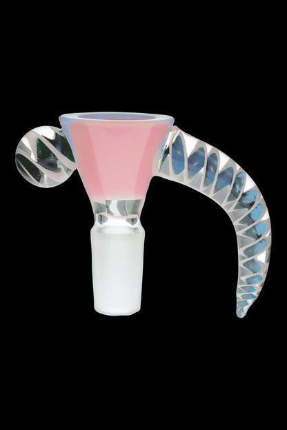 Glass cannabis bowl with pink and blue marbled design.