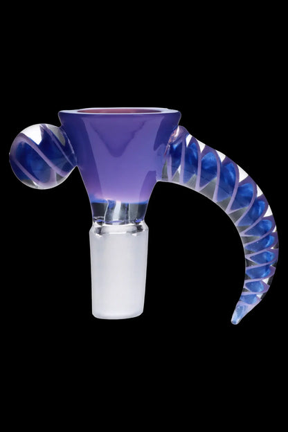 Purple and blue glass cannabis bowl with swirling patterns.