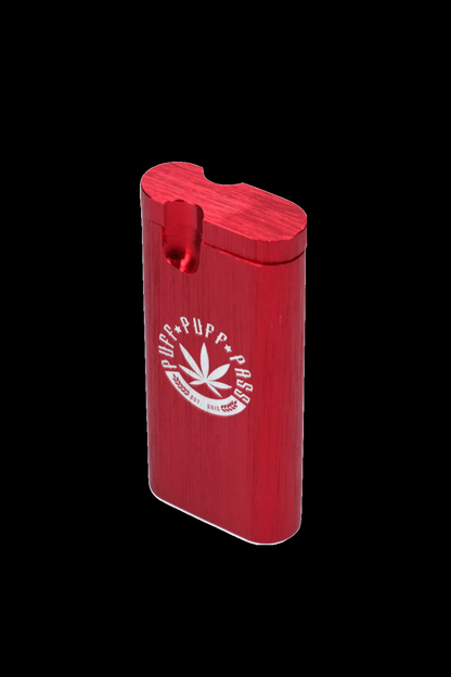 Red one-hitter pipe with a white “Puff, Puff, Pass” cannabis leaf design.