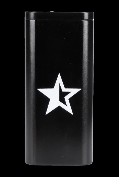 Black metal cannabis storage tube with a white five-pointed star.