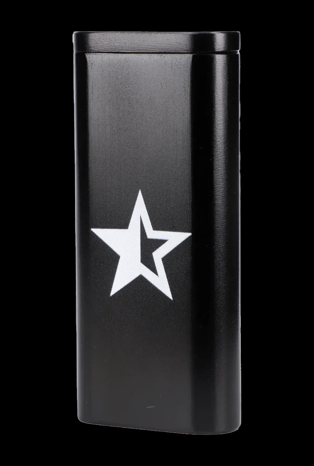 Black metal container with a white five-pointed star, likely for cannabis storage."