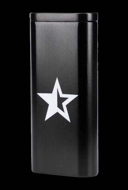 Black metal container with a white five-pointed star, likely for cannabis storage."