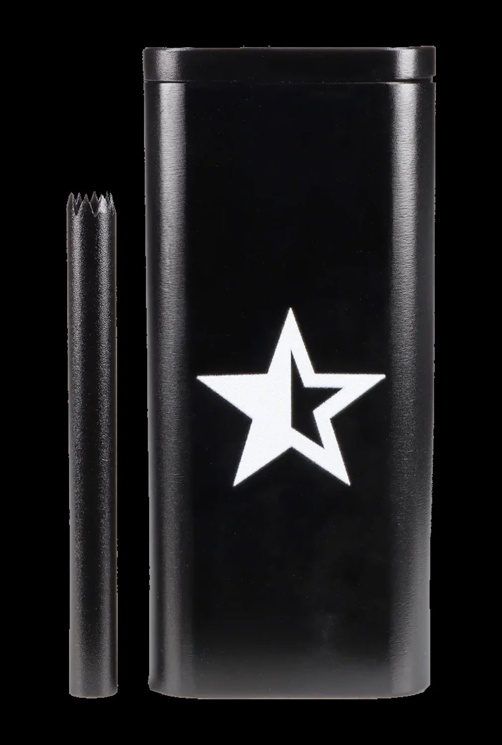 Black metal cannabis one-hitter pipe and storage tube with a white star emblem.