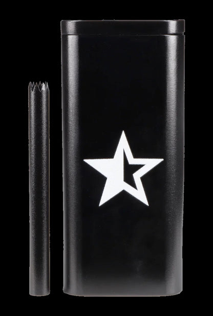 Black metal cannabis one-hitter pipe and storage tube with a white star emblem.
