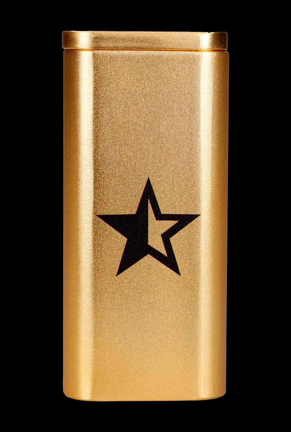 Gold cannabis storage tube with a black star emblem.