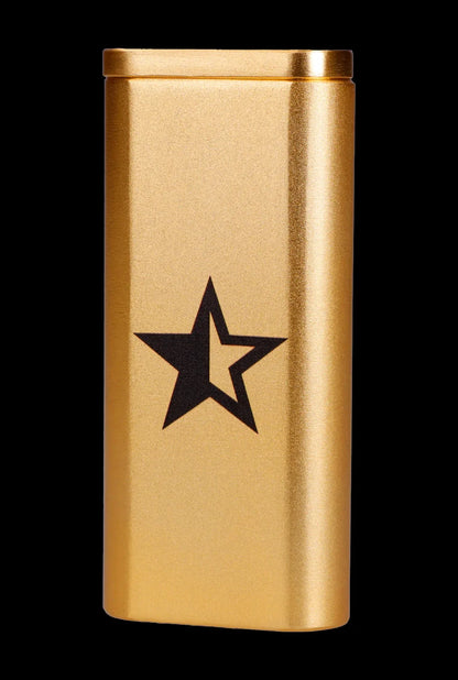 Gold cannabis container with a black star logo.