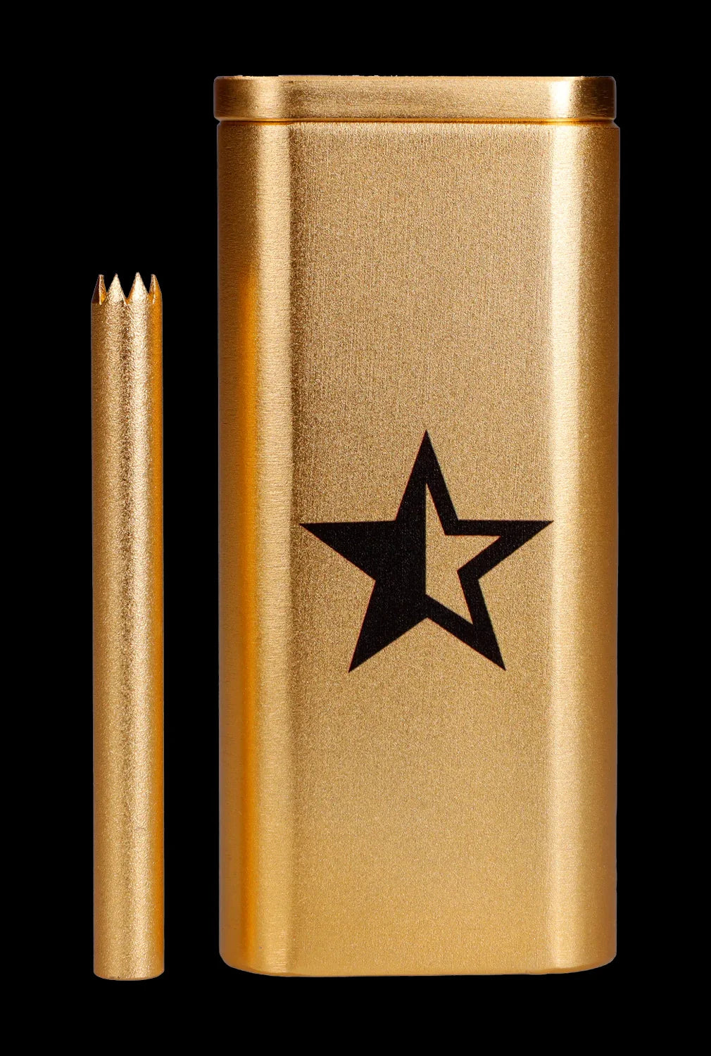 Gold-toned cannabis smoking tube with a black star logo and accompanying metal pick.