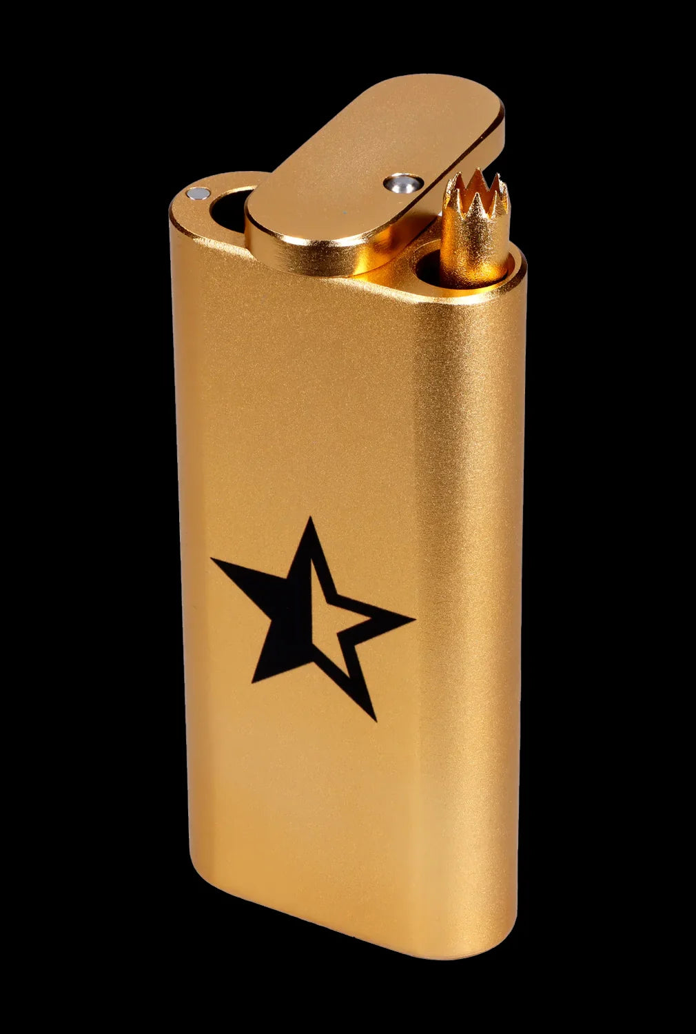 Gold lighter with a black star emblem, often used for cannabis consumption.