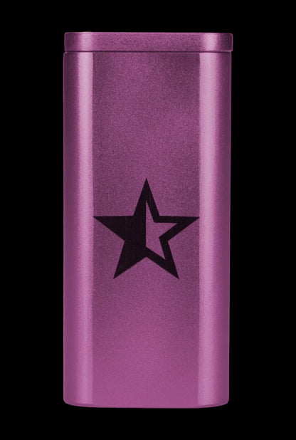 Purple metallic container with a black five-pointed star, likely a smell-proof cannabis storage tube.
