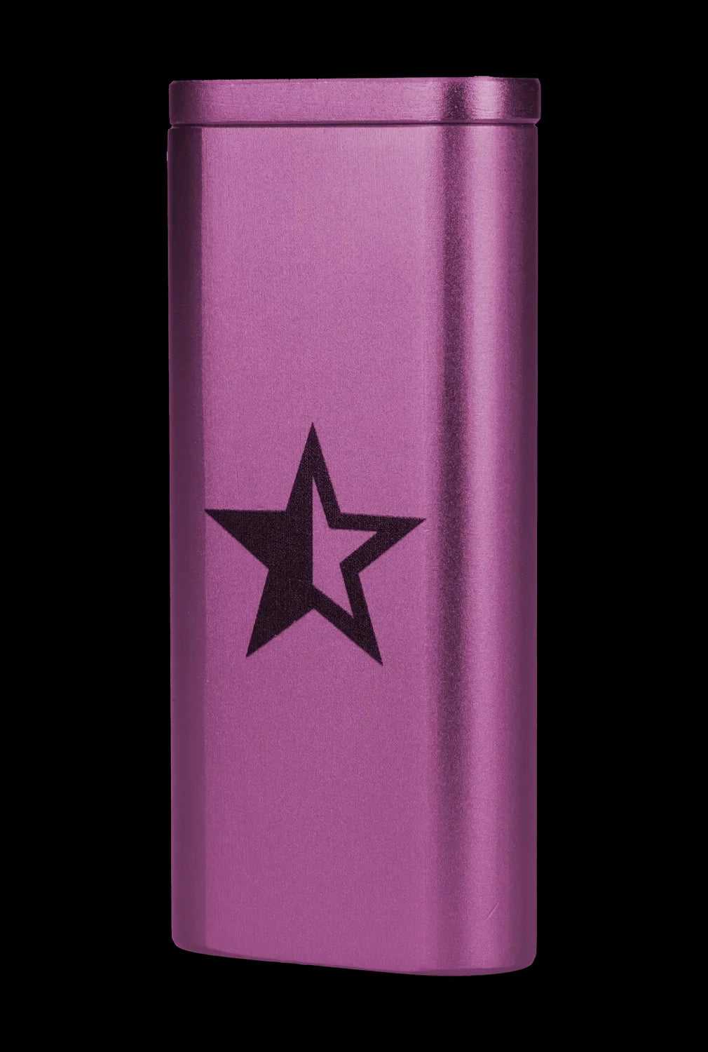 Purple metal cannabis storage tube with a black star emblem.
