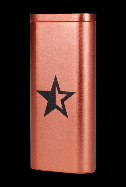 Copper-colored cannabis storage tube with a black star logo.