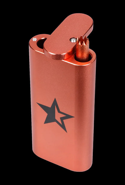 Red metal lighter with a black star emblem.
