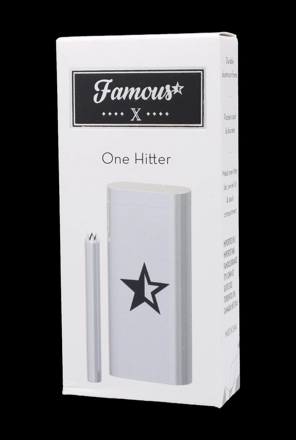 White retail box for a “Famous” brand one-hitter smoking device, featuring a black star logo and product details.