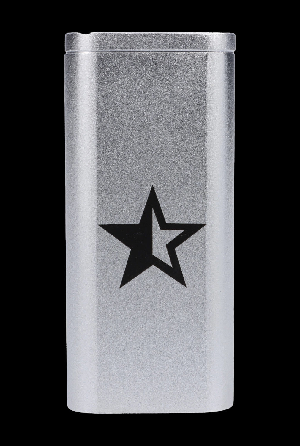 Silver cannabis storage tube with a black star emblem.