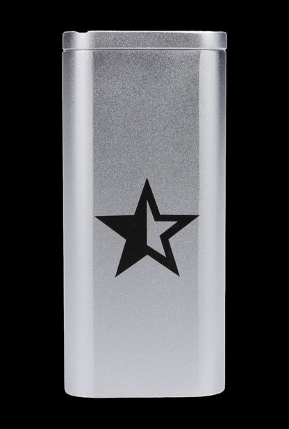 Silver cannabis storage tube with a black star emblem.